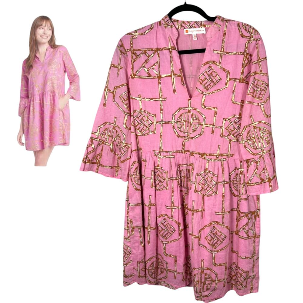 Jude Connally Faith Pink Gold 3/4 Sleeve Babydoll Baby Doll Mini Dress Size XS